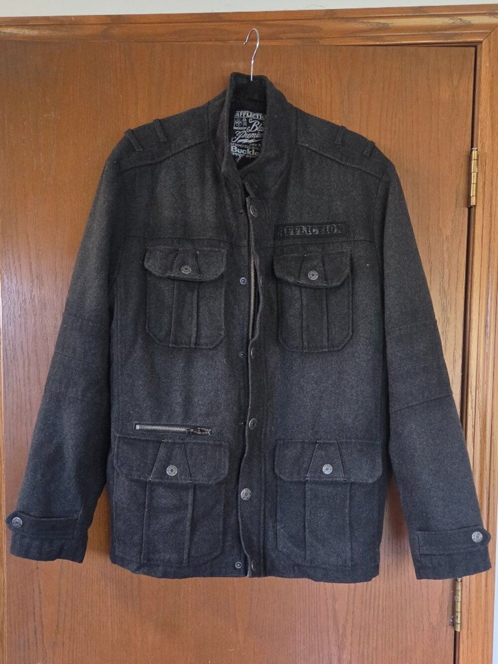 Men's Affliction Black Premium- Gray Wool Jacket w/ Black leather Design- XL
